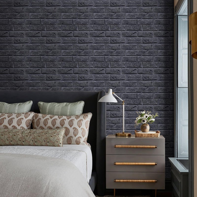 COMSTICKC 3D Dark Gray Brick Wall Panels, Peel and Stick Brick Tiles,10 Pcs of 12"X12",Small Size Thin PVC Fake 3D Brick Wallpaper Self Adhesive Wall Covering Interior Decor - Image 2